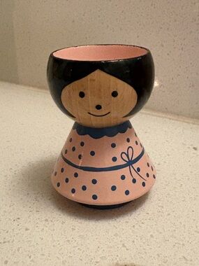 Lucie Kaas Vintage Hand-Painted Wooden Egg Cup in Pink and Blue